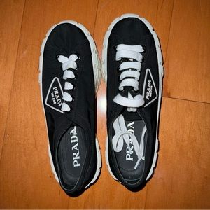 prada chunky tire nylon black & white sneakers in size 37